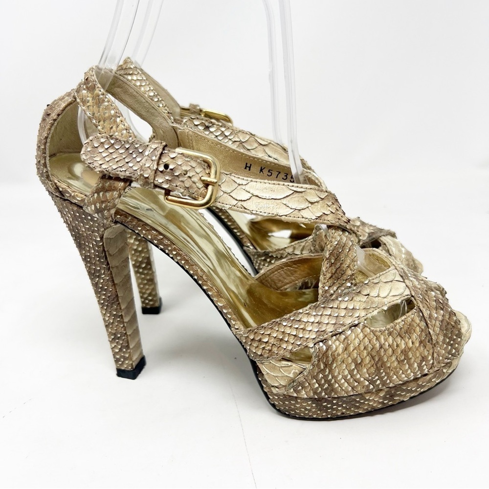 ST. JOHN DESERT TIPPED PYTHON GOLD BUCKLE PLATFORM HEELS SANDALS WOMENS SZ 6.5